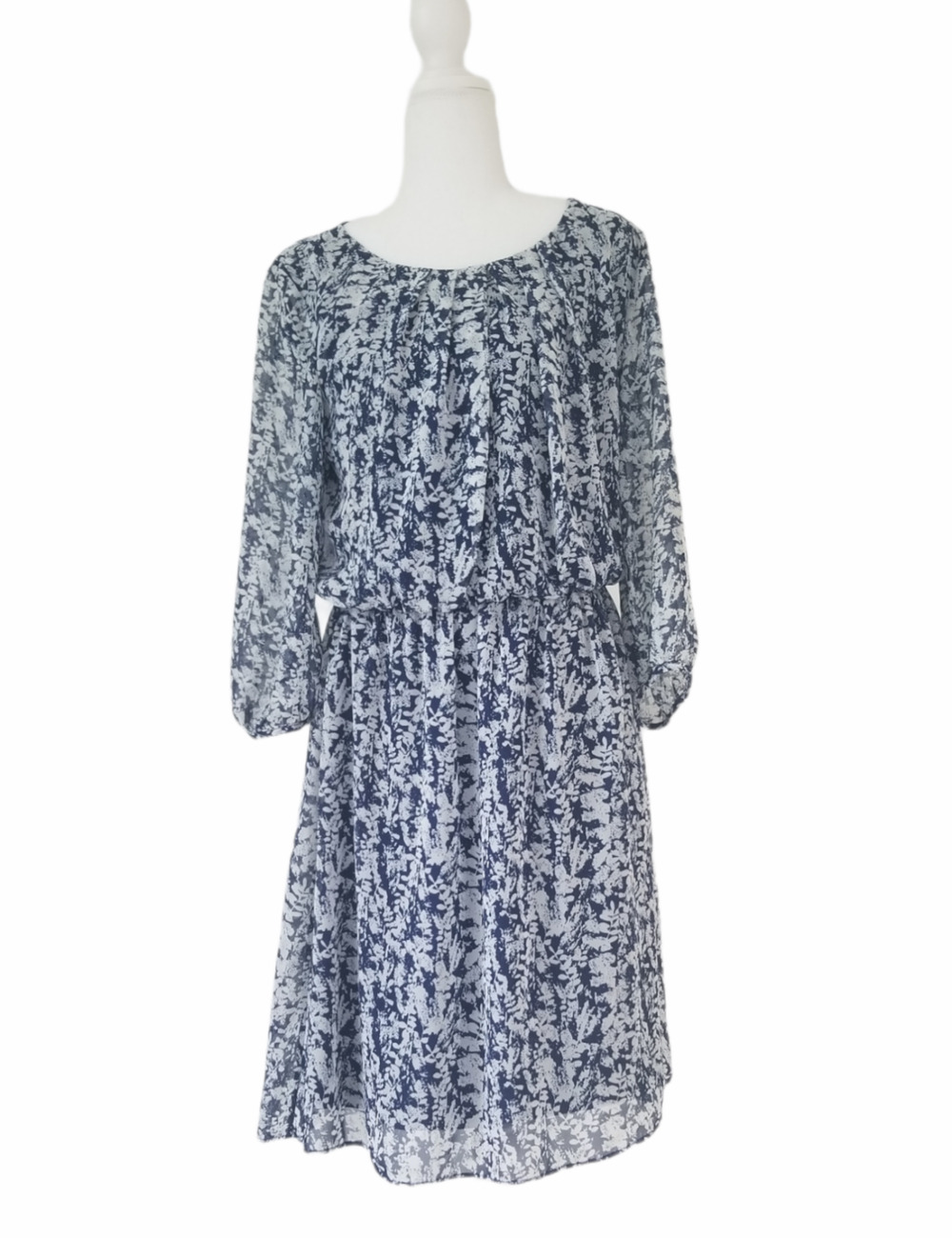 AB Studio Blue & White Leaf Print Dress, Elastic Waist - Size M